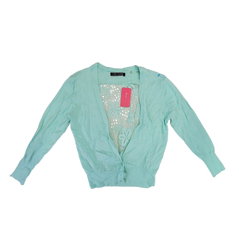 LOVE CULTURE Mint Green Crochet Back Button Up Cardigan Sweater Size S